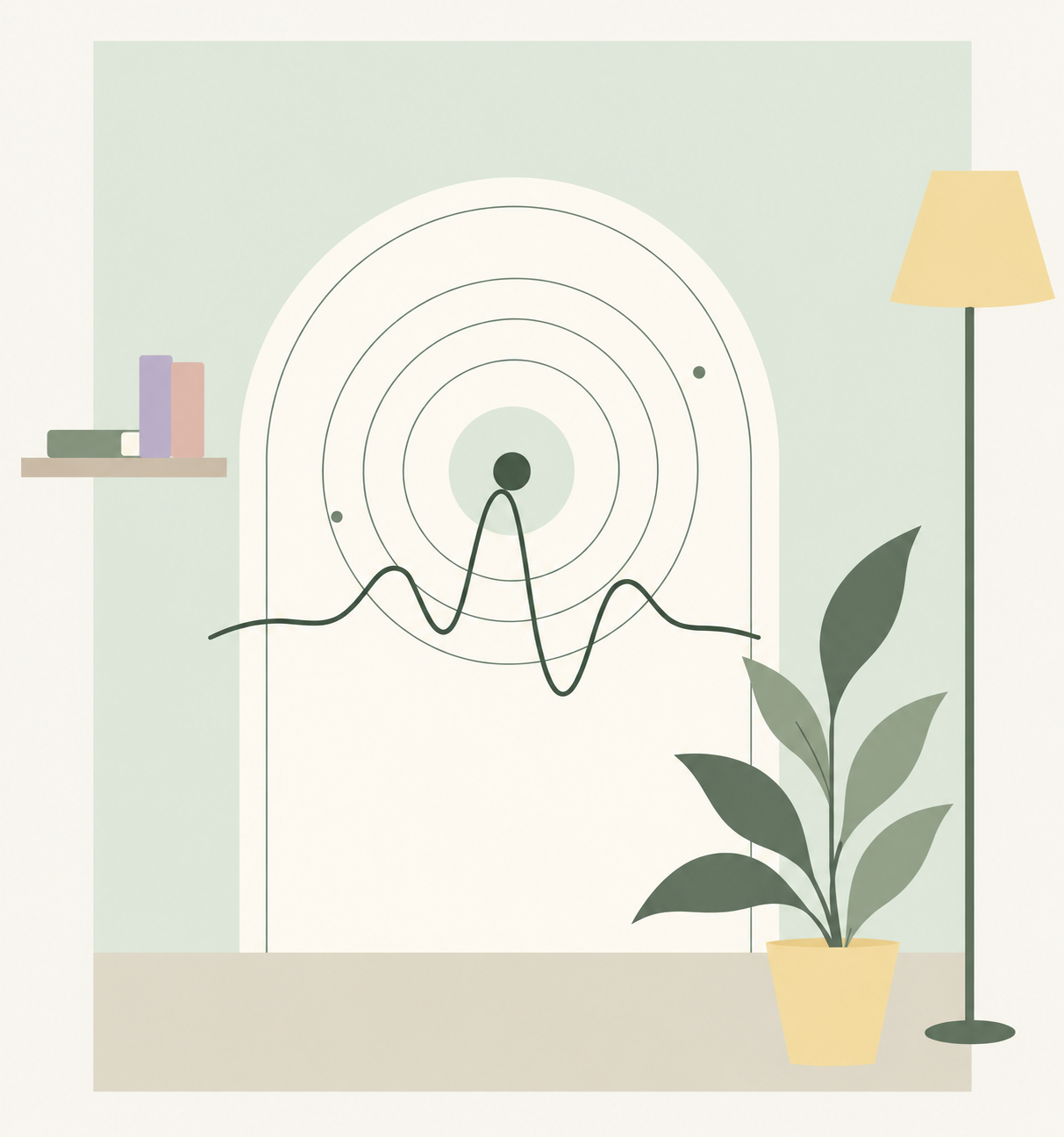 Rajzos illusztráció: koncentrikus körök és neurofeedback hullámvonal, könyvespolc, sárga cserepes növény és állólámpa